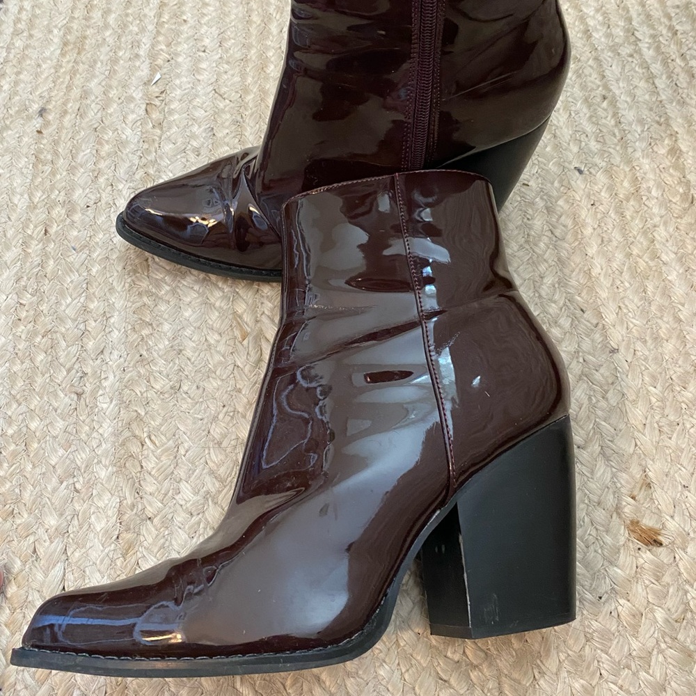 ASOS Dark Burgundy Patent Square-Toe Block Heel Ankle Boots